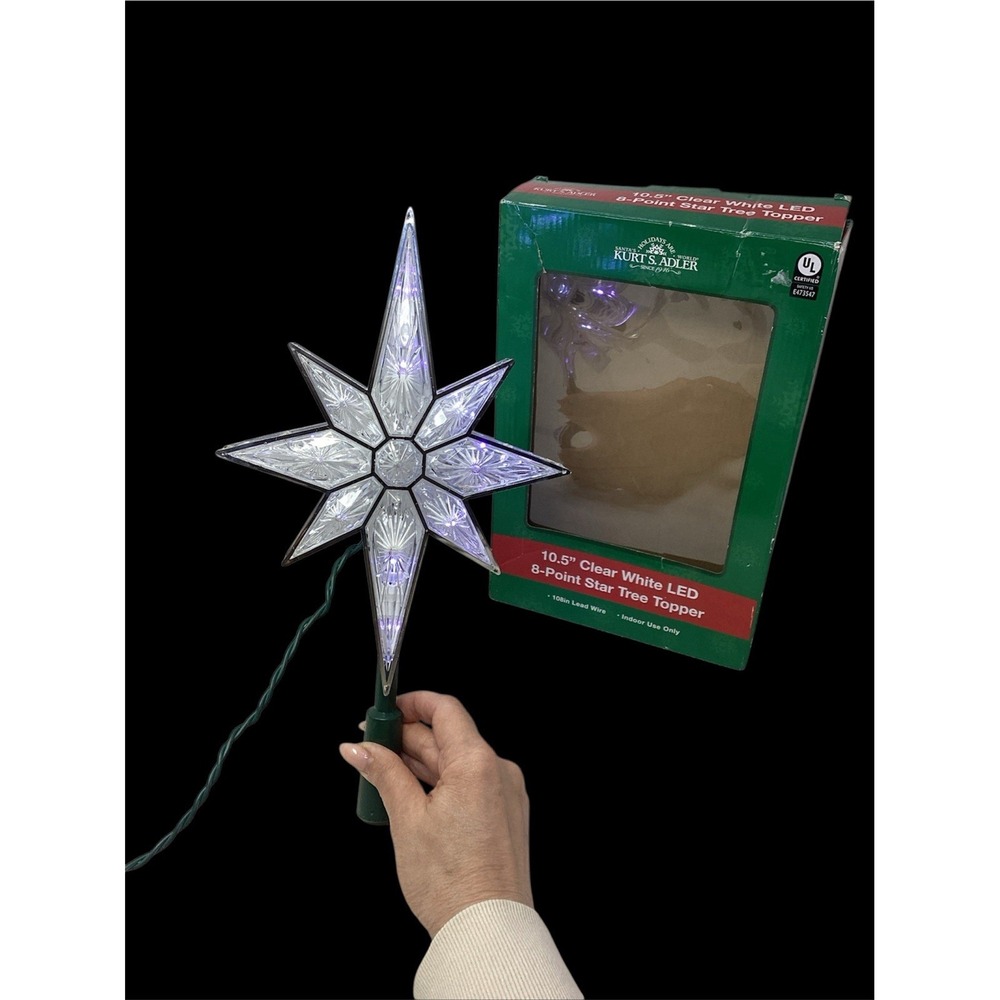 Kurt Adler 10.5" 8-point Star Christmas Tree Topper Clear White LED vintage